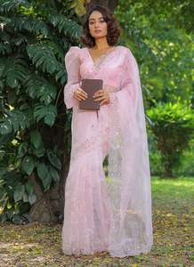 Saree de travail manuel en soie organza pure de créateur par Fab Zone Hand Drawn Printing - Product Image 4