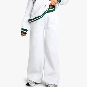 Pantalones de chándal de pierna ancha con cintura pequeña en contraste para mujer gris de alta calidad Terry Fleece tela de tacto suave 100% algodón para mujer - Product Image 1