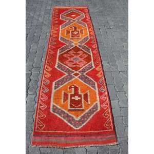 พรมตุรกีวินเทจ, พรมปูพื้นขนาด 2.8x9.3 ฟุต, พรมขอบสีแดงแบบเฮอร์กี - Product Image 1