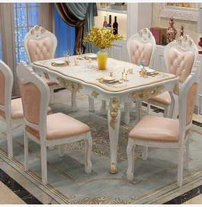 Ensemble de table à manger moderne de luxe 7 pièces avec 6 chaises rembourrées en acajou blanc et or, meubles royaux sculptés à la main pour usage hôtelier - Product Image 2