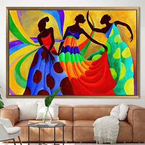 Art sur toile imprimé avec des danseuses africaines élégantes - Décoration ethnique vibrante, 1P : encadré or - Product Image 1