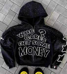100% algodón personalizado invierno sudaderas con capucha de gran tamaño Streetwear pesado bordado desgastado Rhinestone ácido lavado Zip Sudadera con capucha frontal - Product Image 4