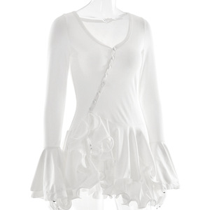 Nuovo stile estivo manica svasata in vita Cinching gonna corta Sexy Hot Girl vestito a bottone unico per donna modello solido naturale - Product Image 6