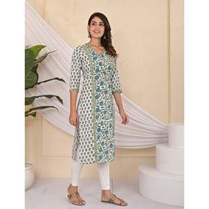 Cotton <b>Block</b> <b>Printed</b> Sea Green Jaal Kurti Traditional Indian Ethnic Floral <b>Printed</b> Long Stitched Rayon Daily Wear for Party - Product Image 3
