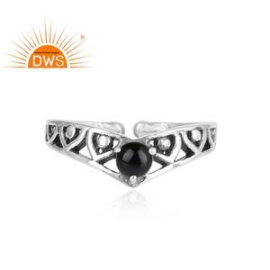 แหวนพลอยโอนิกซ์สีดำธรรมชาติทำจากเงินอ็อกซิไดซ์ปรับได้ - Product Image 4