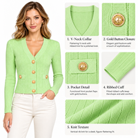 Cardigan en tricot pour femme, col en V côtelé vertical, boutons dorés décoratifs, coupe courte ajustée, tenue quotidienne, de bureau ou de soirée pour le printemps et l'automne