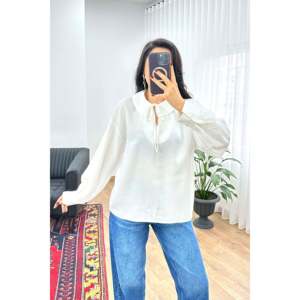 Blusa Elegante de Viscosa con Cuello de Lazo para Mujer, Marca Lustrin, Corte Holgado, Manga Larga, Color Blanco, para Oficina y Uso Casual - Product Image 4