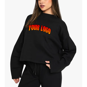 Sudadera negra de cuello redondo con logotipo personalizado OEM para mujer, ropa de mezcla de algodón de peso pesado, sudaderas con capucha de cuello redondo con forro polar para mujer a granel - Product Image 1