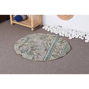 Tapis en laine patchwork vert traditionnel vintage de 2.8x2.8 pieds pour le salon ou le couloir Design Aubusson avec support en latex - Product Image 3