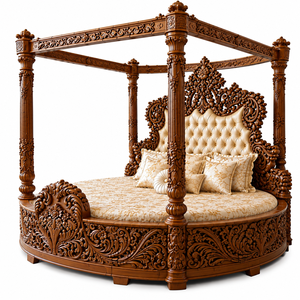 Lit à baldaquin rond de luxe antique Maharaja avec piliers, lit à baldaquin rond en bois sur mesure, mobilier de chambre à coucher de style palais royal - Product Image 3