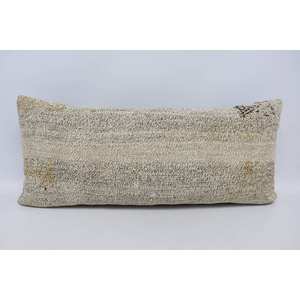 Oreiller en laine de style bohème 16x36 pouces blanc cassé avec coussin décoratif tissé à motif carré vintage beige et gris - Product Image 1