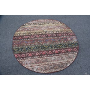 Classic Beige Striped Vintage Turkish Wool <b>Rug</b> 5.3 X 5.3 ft Handmade Rectangular Hallway Patchwork Design for Living <b>Bedroom</b> - Product Image 1