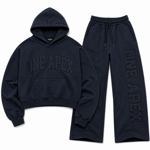 Ensemble survêtement streetwear ONEAPEX Premium en coton épais gaufré, comprenant un sweat à capuche court oversize et un pantalon de survêtement large - Product Image 3