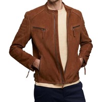 Süet Kahverengi Erkek Kışlık Yüksek Kaliteli Deri Biker Bomber Ceket Dik Yaka Ön Yüzeyde Özelleştirilebilir Logo Su Geçirmez Nefes Alabilir