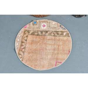 Tapis turc vintage de 2x2 pieds, tapis en laine tissé plat beige et vert avec support en latex pour décorations de salon - Product Image 3