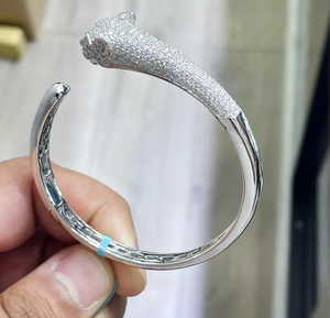 <b>Silver</b> Panther Head <b>Cuff</b> <b>Bracelet</b> Luxury Animal Design Sparkling Statement Open Bangle Elegant Wrist Style - Product Image 4