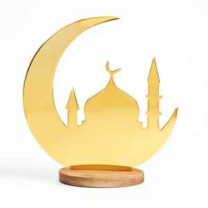 High Gold Mirror Acrylic <b>Ramadan</b> Kareem Ornament Praying Figure Moon Eid Mubarak Tabletop <b>Decor</b> Premium Natural Wooden Bases - Product Image 4