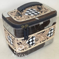Étui à bijoux en cuir artisanal de style occidental, avec porte-bagues, design à carreaux, organiseur de rangement pratique pour les voyages