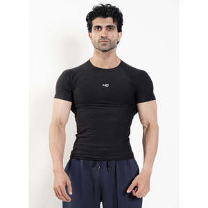 T-shirt de compression tricoté mélange noir pour homme, coupe ajustée, manches raglan, col rond, uni, style sportif - Product Image 1