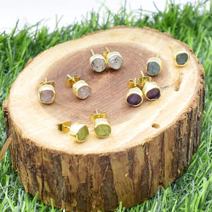 Raw Herkimer Collet <b>Stud</b> <b>Earring</b>, Size 8-10 mm, Gold Plated With Push Back <b>Earring</b>, Birthstone Gemstone <b>Earring</b> For Women - Product Image 4