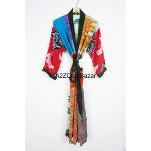 Kimono de Seda Floral Bohemio Vintage para Mujer, Estilo Hippie de Verano, Cuello en V, Cordón Ajustable, Largo Completo, Camisón, Bata de Baño - Product Image 1