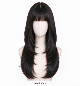 Peluca de Cabello Humano 100% para Mujer, Peluca Negra Larga y Lisa con Flequillo, Cabello de Aspecto Natural en Capas para Uso Diario y Fiestas - Product Image 1