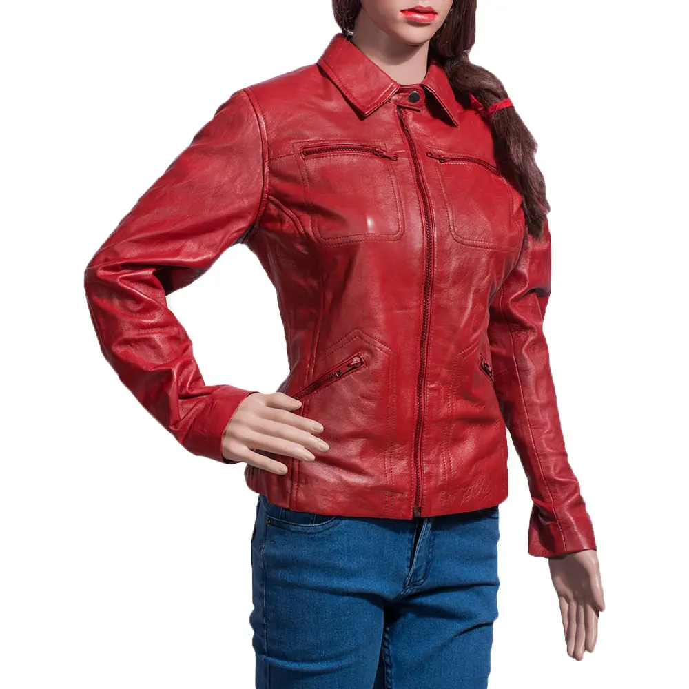 OEM Wholesa Genuine turn down Jacket Latest fashion ladies leather jacket women real sheep lamb red leather jacket