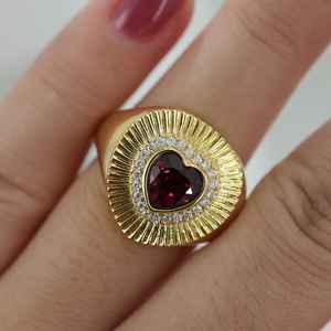 Heart Garnet Signet <b>Ring</b> 14K Gold Plated Moissanite January Birthstone <b>Dome</b> <b>Ring</b> 925 Sterling Silver Gift for Women - Product Image 5