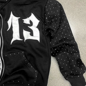 Custom Heavyweight <b>Zip</b>-<b>Up</b> <b>Hoodie</b> <b>Cropped</b> Embroidery Patchwork New Style 3D Featuring Rhinestone hoodies men, men's hoodies - Product Image 4