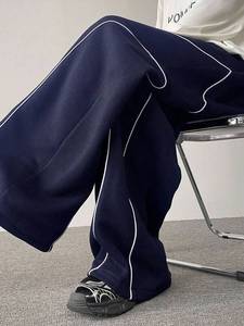 <b>Navy</b> Wide Leg <b>Men's</b> Sweatpants 100% Cotton Mid Drawstring Heavyweight Vintage Streetwear <b>Jogger</b> Trousers White Piping Stitch - Product Image 5