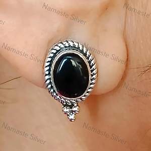 925 Sterling Silver Black Onyx <b>Earrings</b> July Birthstone Jewelry Natural Black Onyx Oval Stud <b>Posts</b> Gold Handmade Unique Gemstone - Product Image 1