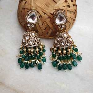 Gold Plated <b>Green</b> Stone Kundan Polki Jhumki Made of Alloy Material - Product Image 6