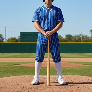 Uniforme de baseball bleu OEM, jersey et pantalon sublimés à rayures verticales blanches - Product Image 4