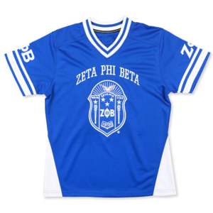 Camiseta de fútbol azul real Zeta Phi Beta, 100% poliéster, Escudo de equipo bordado, talla real, cuello en V, dobladillo de doble rayas - Product Image 1