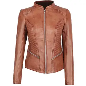 Crop top polos warna cokelat, jaket kulit seksi mode wanita jaket sepeda motor wanita berkendara jaket jas hujan wanita bernapas