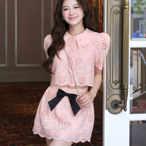 Coshe YUKI เครื่องแต่งกายสไตล์เกาหลีสุดหรูของผู้หญิงกระโปรงสั้นและคอเสื้อเบลาส์ผูกโบว์น่ารักสำหรับใส่ในชีวิตประจำวันไปงานปาร์ตี้ - Product Image 1