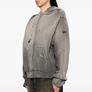 Custom Boxy Fit 500 Gsm Heavyweight Men Washed Hoodie Vintage Distressed Cropped Acid Wash Zip up Hoodie - Product Image 3