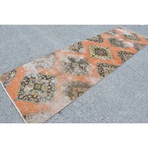 Tapis Vintage Turc Classique Orange Vert Kilim 3.3 X 11.6ft Patchwork Weave Laine Matériel Latex pour Entrée Couloir Rectangle - Product Image 2