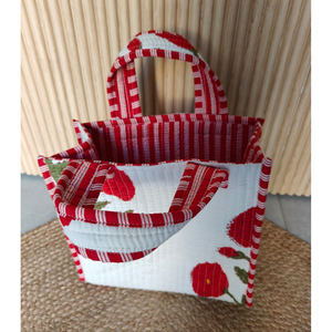<b>Red</b> Poppy Handblock Tote Mini <b>Bag</b> Custom Design PU Open Closure Water Resistant Embroidery Letter Decoration Solid Color for All - Product Image 5