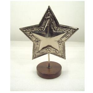 Antique Finished Engraved Design Border Metal <b>Star</b> Stand With Wooden Base For Christmas Home Table Top Decor - Product Image 2