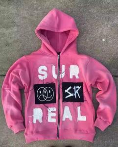 Sweat à capuche brodé en coton éponge français personnalisé 500 g/m² Lavage à l'acide Sweat à capuche zippé lavé Broderie Patch Hoodies - Product Image 5