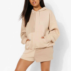 Conjunto de Sudadera con Capucha y Pantalones Cortos Casuales para Mujer, Última Llegada, 100% Algodón, Tejido de Punto Ligero, Impresión de Logotipo Personalizado, OEM Sólido - Product Image 3