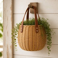 Panier à plantes en rotin avec poignée en similicuir, style sac fourre-tout, porte-plantes tissé, décoration intérieure bohème, écologique