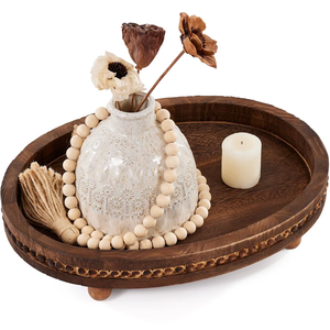 Plateau de service de forme ronde en bois d'acacia de qualité standard avec des feuilles de métal poli brillant argenté - Product Image 4