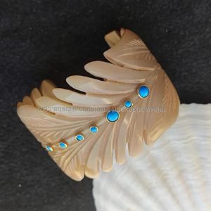 Handmade <b>Shell</b> Leaf Carved <b>Bracelet</b> With Turquoise Inlay Nature Theme Home Decoration Craft Jewelry - Product Image 5