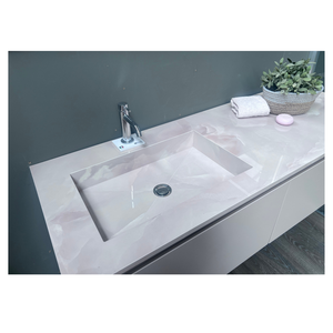 Mueble de Baño Rosa de Pared de Alta Calidad y Elegante con Lavabo Integrado con Efecto Mármol Rosa, Cajones Color Rosa Mate, Hecho a Mano - Product Image 5