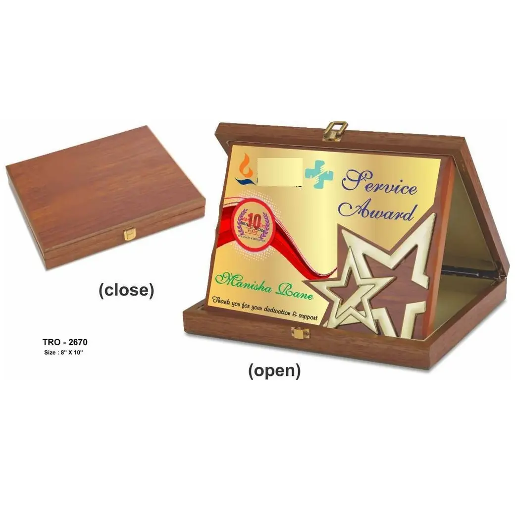 Fourniture d'usine Plaque étoile en bois faite à la main avec boîte pour les récompenses de Service Long du fabricant indien