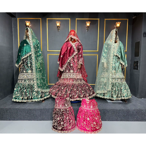 Gharara de mariée en velours royal style persan avec double dupatta, grand éclat et travail de pierres Jarkan, disponible en 7 couleurs de mariage - Product Image 4