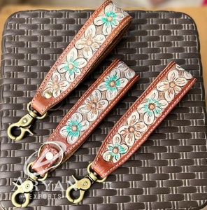 Nueva Llegada Mano Tooled Cuero Muñequera Llaveros En Relieve Estampado Floral Cuero Llaveros Tooled Accesorios de cuero Correas para llaves - Product Image 1