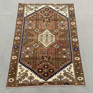 Vintage 2.7x4 ft Rug, Small Turkish Rug, <b>Brown</b> Bordered <b>Wool</b> Rug - Product Image 1